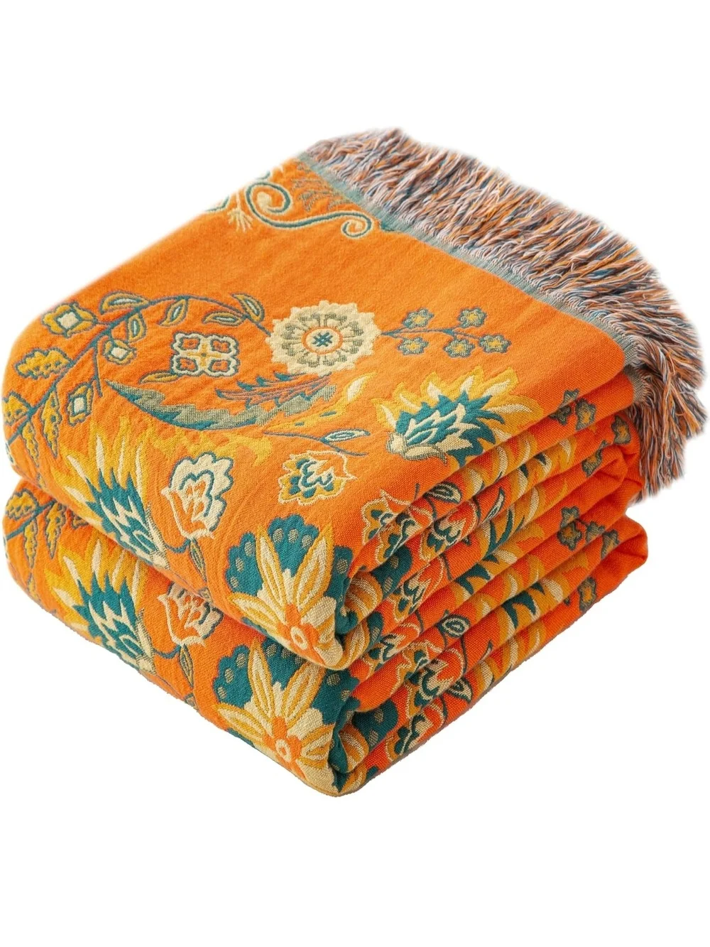 Reversible Floral Fringe Throw Blanket - Orange & Teal 60x80